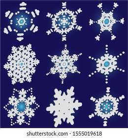 Kit of simple, beautiful snowflakes on blue background.  Vector illustration frames. Magic concept accurate forms and colors. White luxury isolated 3d silhouettes of frosty christmas symbols.
