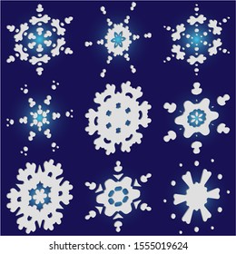 Kit of simple, beautiful snowflakes on blue background.  Vector illustration posters. Abstract concept accurate forms and colors. White luxury isolated 3d silhouettes of frosty christmas symbols.