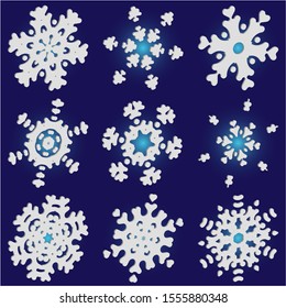 Kit of simple, beautiful snowflakes on blue background.  Clean concept accurate forms and colors. Vector illustration wallpapers. White luxury isolated 3d silhouettes of frosty christmas symbols.