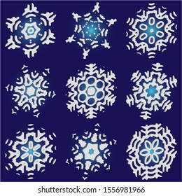 Kit of simple, beautiful snowflakes on blue background.  Original concept accurate forms and colors. Vector illustration wallpapers. White luxury isolated 3d silhouettes of frosty christmas symbols.