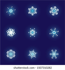 Kit of simple christmas snowflakes on blue background.  Cool concept accurate forms and colors. Vector illustration textures. White winter crystals, isolated, modern trendy design elements.