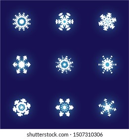 Kit of simple christmas snowflakes on blue background.  Cool concept accurate forms and colors. Vector illustration textures. White winter crystals, isolated, modern trendy design elements.