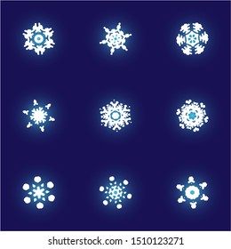 Kit of simple christmas snowflakes on blue background.  Vector illustration shapes. Magic concept accurate forms and colors. White winter crystals, isolated, modern trendy design new year elements.