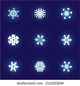 Kit of simple christmas snowflakes on blue background. Vector illustration - wallpapers. Abstract concept expressive forms and colors. White winter crystals, isolated, modern trendy design elements.
