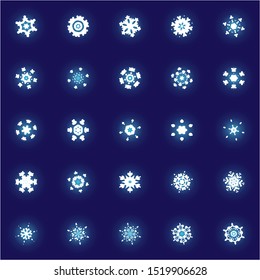 Kit of simple christmas snowflakes on blue background. Effective concept expressive forms and colors. Vector illustration - posters. White winter crystals, isolated, modern trendy design elements.