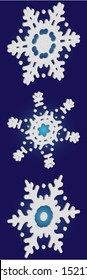 Kit of simple christmas snowflakes on blue background.  Creative concept accurate forms and colors. Vector illustration icons. White winter crystals, isolated, modern trendy design 3d elements.