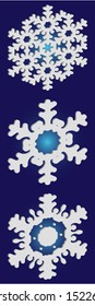 Kit of simple christmas snowflakes on blue background.  Vector illustration posters. Effective concept accurate forms and colors. White winter crystals, isolated, modern trendy design 3d elements.
