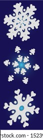 Kit of simple christmas snowflakes on blue background.  Vector illustration icons. Colorful concept accurate forms and colors. White winter crystals, isolated, modern trendy design 3d elements.