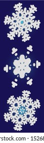 Kit of simple christmas snowflakes on blue background.  Vector illustration wallpapers. Geometric concept accurate forms and colors. White winter crystals, isolated, modern trendy design 3d elements.