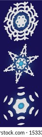 Kit of simple christmas snowflakes on blue background.  Clean concept accurate forms and colors. Vector illustration posters. White winter crystals, isolated, modern trendy design 3d elements.