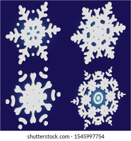 Kit of simple christmas snowflakes on blue background.  Vector illustration posters. Magic concept accurate forms and colors. White winter crystals, isolated, modern trendy design 3d elements.