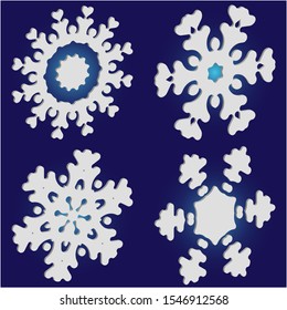 Kit of simple christmas snowflakes on blue background.  Vector illustration frames. Colorful concept accurate forms and colors. White winter crystals, isolated, modern trendy design 3d elements.