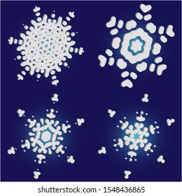 Kit of simple christmas snowflakes on blue background.  Vector illustration art. Magic concept accurate forms and colors. White winter crystals, isolated, modern trendy design 3d elements.