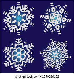 Kit of simple christmas snowflakes on blue background.  Vector illustration posters. Creative concept accurate forms and colors. White winter crystals, isolated, modern trendy design 3d elements.