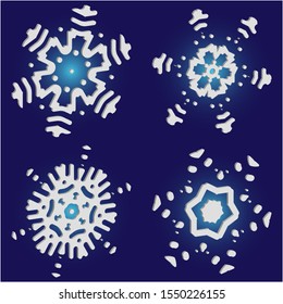 Kit of simple christmas snowflakes on blue background.  Vector illustration textures. Magic concept accurate forms and colors. White winter crystals, isolated, modern trendy design 3d elements.
