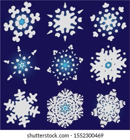 Kit of simple christmas snowflakes on blue background.  Vector illustration textures. Abstract concept accurate forms and colors. White winter crystals, isolated, modern trendy design 3d elements.