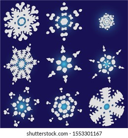 Kit of simple christmas snowflakes on blue background.  Vector illustration frames. Original concept accurate forms and colors. White winter crystals, isolated, modern trendy design 3d elements.