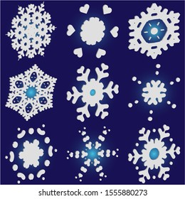 Kit of simple christmas snowflakes on blue background.  Original concept accurate forms and colors. Vector illustration templates. White winter crystals, isolated, modern trendy design 3d elements.