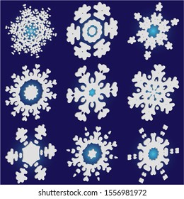 Kit of simple christmas snowflakes on blue background.  Creative concept accurate forms and colors. Vector illustration icons. White winter crystals, isolated, modern trendy design 3d elements.