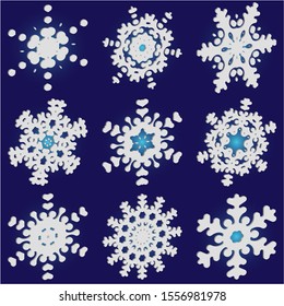 Kit of simple christmas snowflakes on blue background.  Magic concept accurate forms and colors. Vector illustration frames. White winter crystals, isolated, modern trendy design 3d elements.
