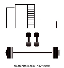 Kit sport accessories barbell, dumbbell for bodybuilding. Sport consisting of collection barbell to beauty bodybuilding, steel dumbbell. Dumbbell, barbell it sport equipment from playing bodybuilding.