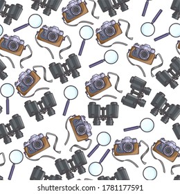 Kit of spy or detective seamless pattern. Camera for taking photos, magnifying glass for zooming, binoculars. Professional equipment and appliances, discovery and exploration vector in flat style