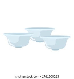 Kit de tres tazas para la ceremonia del té chino con fondo blanco. Elemento tradicional asiático aislado en ilustración de diseño de vectores planos de estilo.