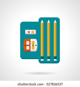 Kit of three pencils and sharpener. School and office supplies, drawing tools. Flat colorful vector icon. Single element of web design for site or mobile app.