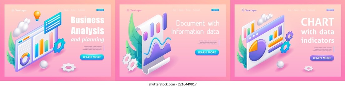 Kit Trending Landing Pages, 3D Isometric, cartoon. Business Analysis and planning, Document with information data, Chart with data indicators. Vector illustration.