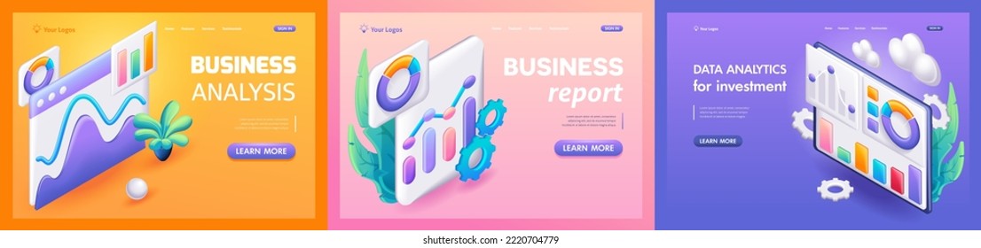 Kit Trending Landing Pages, 3D-Isometrie, Cartoon. Konzept der Geschäftsanalyse, Datenanalyse, Geschäftsbericht. Vektorgrafik.