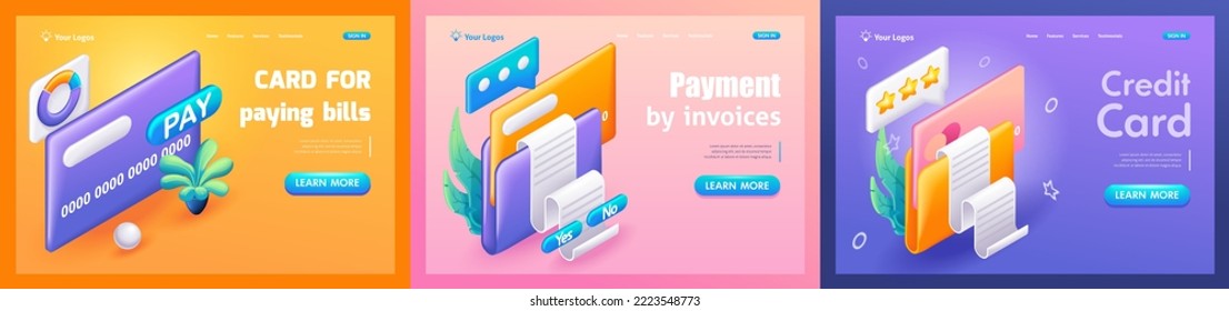 Kit Trending Landing Pages, 3D Isometric, cartoon. Card for paying bills, Payment by invoices, Credit Card. Vector illustration