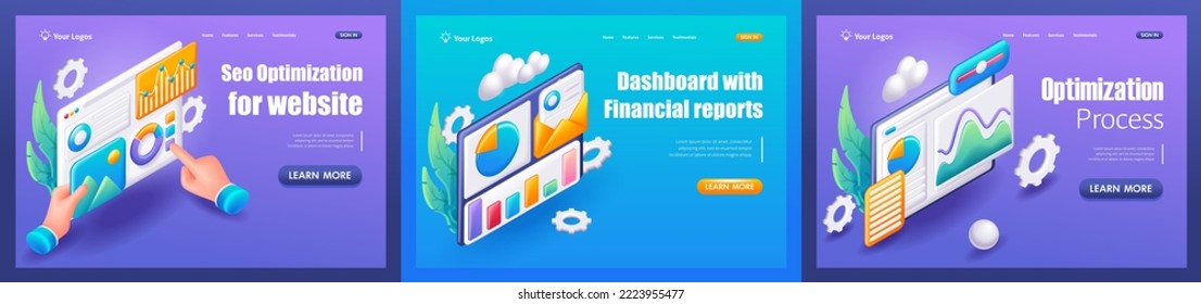 Kit Trending Landing Pages, 3D Isometric, cartoon. SEO Optimization for website, Dashboard with financial report, Optimization process. Vector illustration