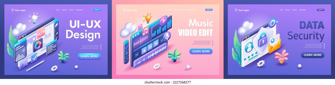 Kit Trending Landing Pages, 3D Isometric, cartoon. UI-UX design, Music Video Editor, Data Security. Vector illustration.