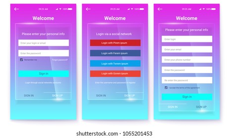 Kit of UX Screen on glass background. Register or authorization, interface for touchscreen mobile apps. Entrance via login, password and social network. Application UI design elements, 3D illustration