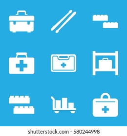 kit vector icons. Set of 9 kit filled icons such as luggage storage, toolbox, drum stick, building block