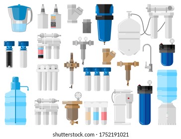 Kit water filter on white background in flat style. Set equipment for processes with special modern technologies water purification vector illustration design