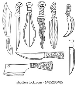 Kit witch ritual knives with various ornaments. Vector. Doodle. Sketch