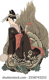 Kitagawa Utamaro's "Enchu Eight Immortals, Rokuo" portrays Luo, symbolizing longevity. Elegant poses, kiirozukeshi backgrounds, and graceful beauty highlight Utamaro's artistry. 