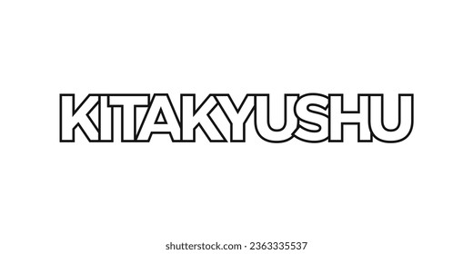 Kitakyushu en el emblema de Japón para la prensa y la web. El diseño presenta estilo geométrico, ilustración vectorial con tipografía audaz en fuente moderna. Letras gráficas de eslóganes aisladas en fondo blanco.