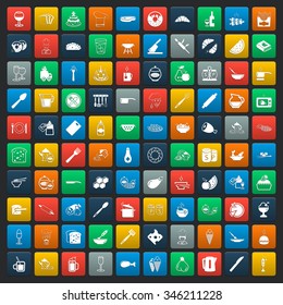 kitchen 100 icons set for web flat