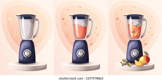 Kitchen 3d blender empty, with smoothie, fruits and berries on a podium. Vector illustration.