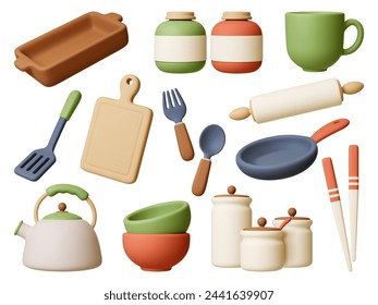 Kitchen 3d tools and crockery. Realistic render cutlery, bowls and jars. Canteen, cafe or restaurant equipment. Pan and teapot, pithy vector set