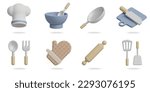 kitchen 3D vector icon set.
chef hat,plate and spoon,pan,knife and cutting board,spoon fork,oven gloves,rolling pin,spatula