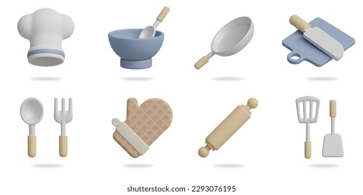 kitchen 3D vector icon set.
chef hat,plate and spoon,pan,knife and cutting board,spoon fork,oven gloves,rolling pin,spatula