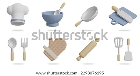 kitchen 3D vector icon set.
chef hat,plate and spoon,pan,knife and cutting board,spoon fork,oven gloves,rolling pin,spatula Сток-фото © 