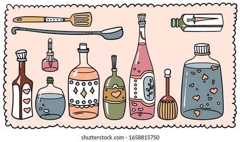 Kitchen accessories and bottles of love potion