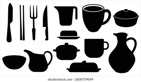 Kitchen Accessories Crockery Set Silhouette Vector, Dinnerware Icons, Plate, Cup, Spoon, Fork, Knife, Utensils, Tableware, Dishware, Home Decor