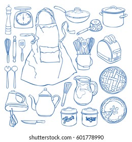 Kitchen accessories. Crockery, toaster, blender, pastry. Isolated vector objects on white background. Set.