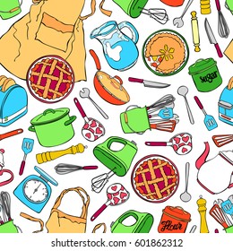 Kitchen accessories. Crockery, toaster, blender, pastry. Seamless vector pattern (background).