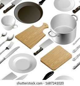 Accesorios de cocina, platos. La cocina es un fondo impecable. Ilustración vectorial.